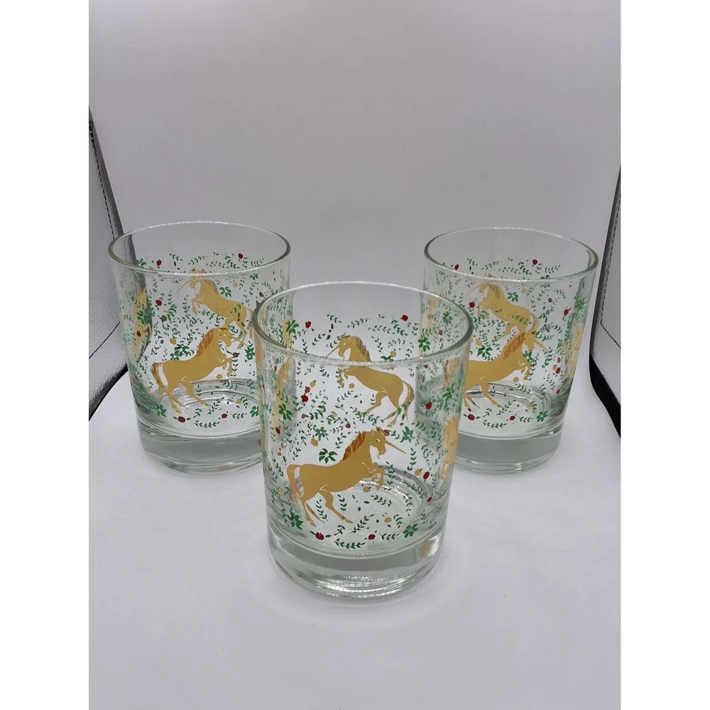 Vintage Unicorn Rocks Glasses Set of 3 Gold Floral Lowball Whiskey Tumblers
